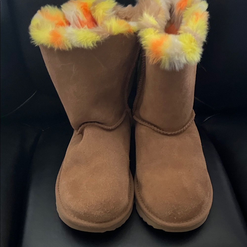 UGG Kids Tan Boots with Yellow and Orange Trim